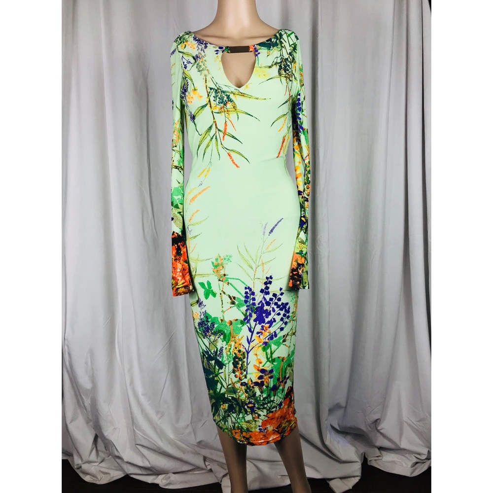 NWT Midi Bodycon Green Dress with Flowers